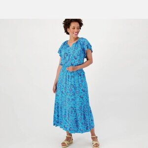 Destination 365 Petite Printed Short Sleeve Midi Dress w/ Smocking Turquoise